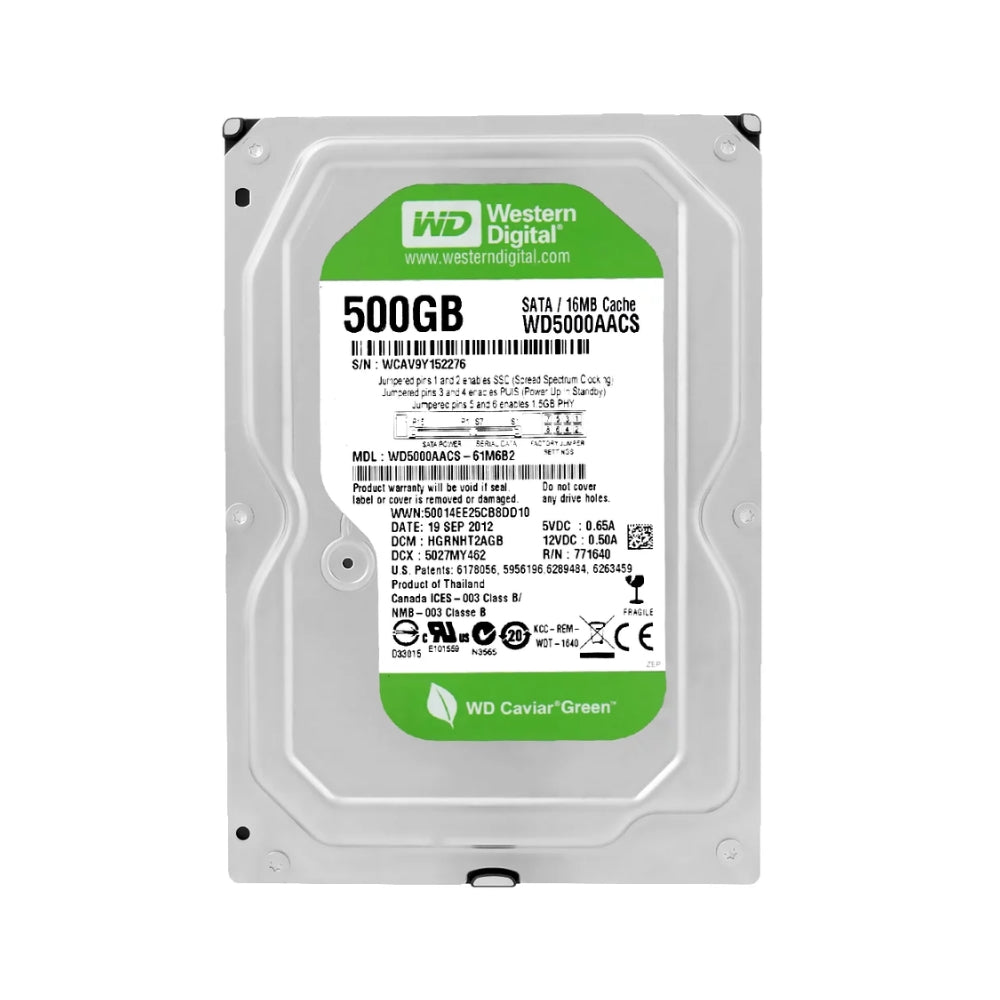 Disco Duro Western Digital Verde 500GB 7200RPM Sata 6Gbps 3.5" para Videovigilancia CCTV Reacondicionado WD5000AACS