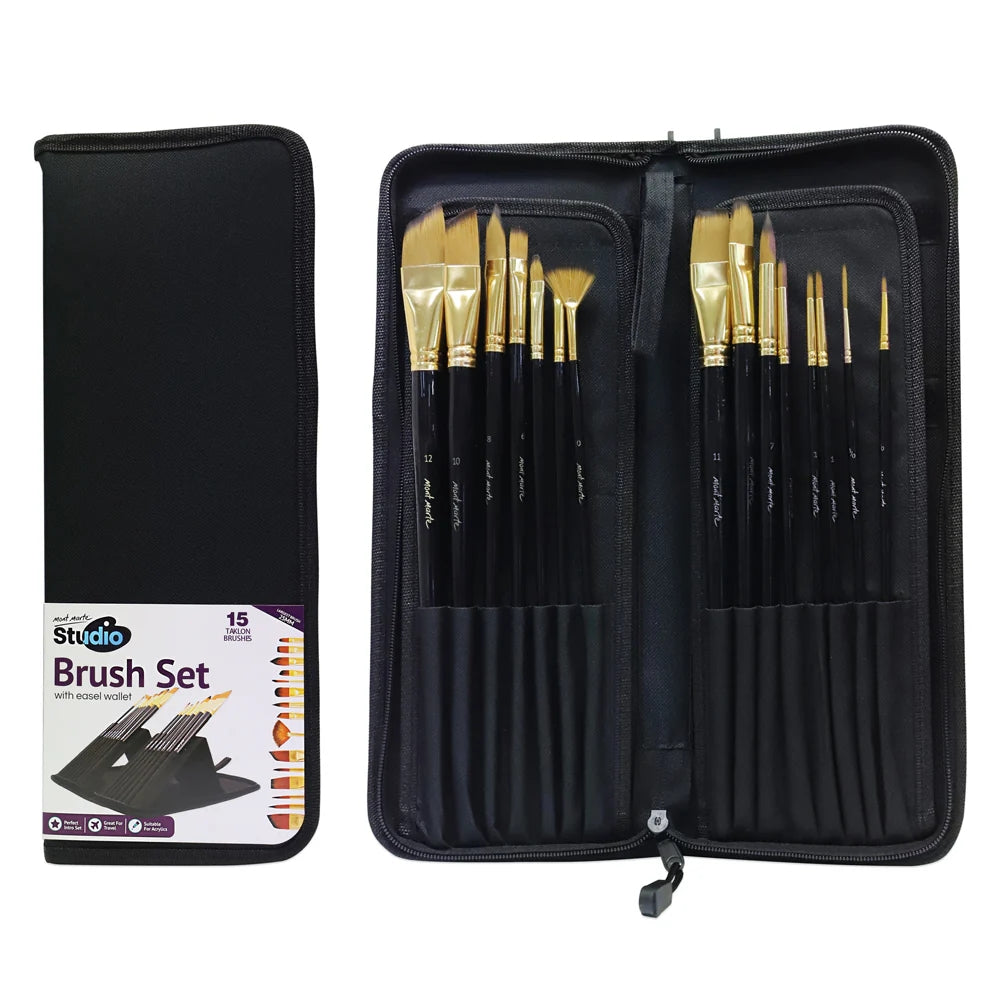 Estuche con 15 Pinceles MontMarte Studio de Pelo de Cerdo de 2tonos para Acrilico Acuarela y Gouache BMSS0100