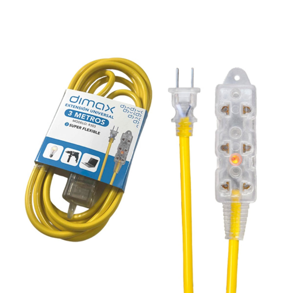 Extension Universal Dimax 3M Flexible con 3 Enchufes Universales Tipo B maximo 10Amp Clavija Plana R303