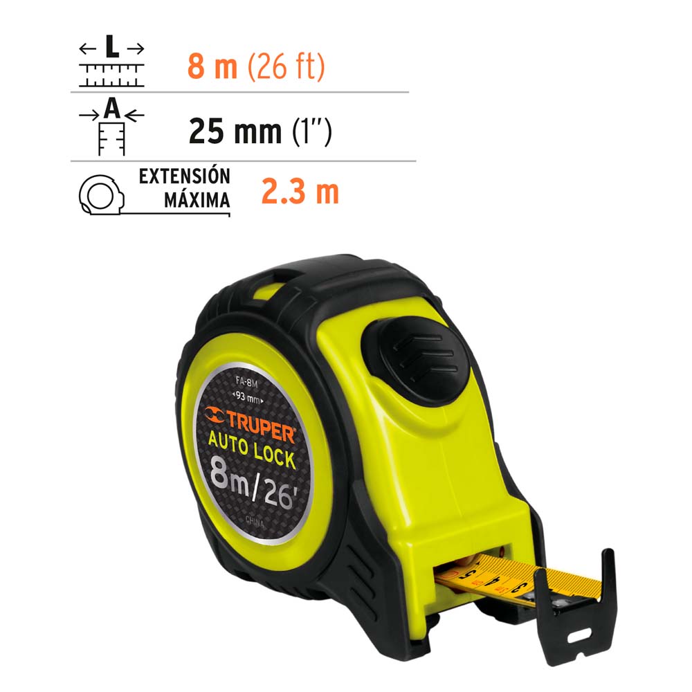 Flexómetro Truper Auto-Lock Contra Impactos 8m Cinta 25mm