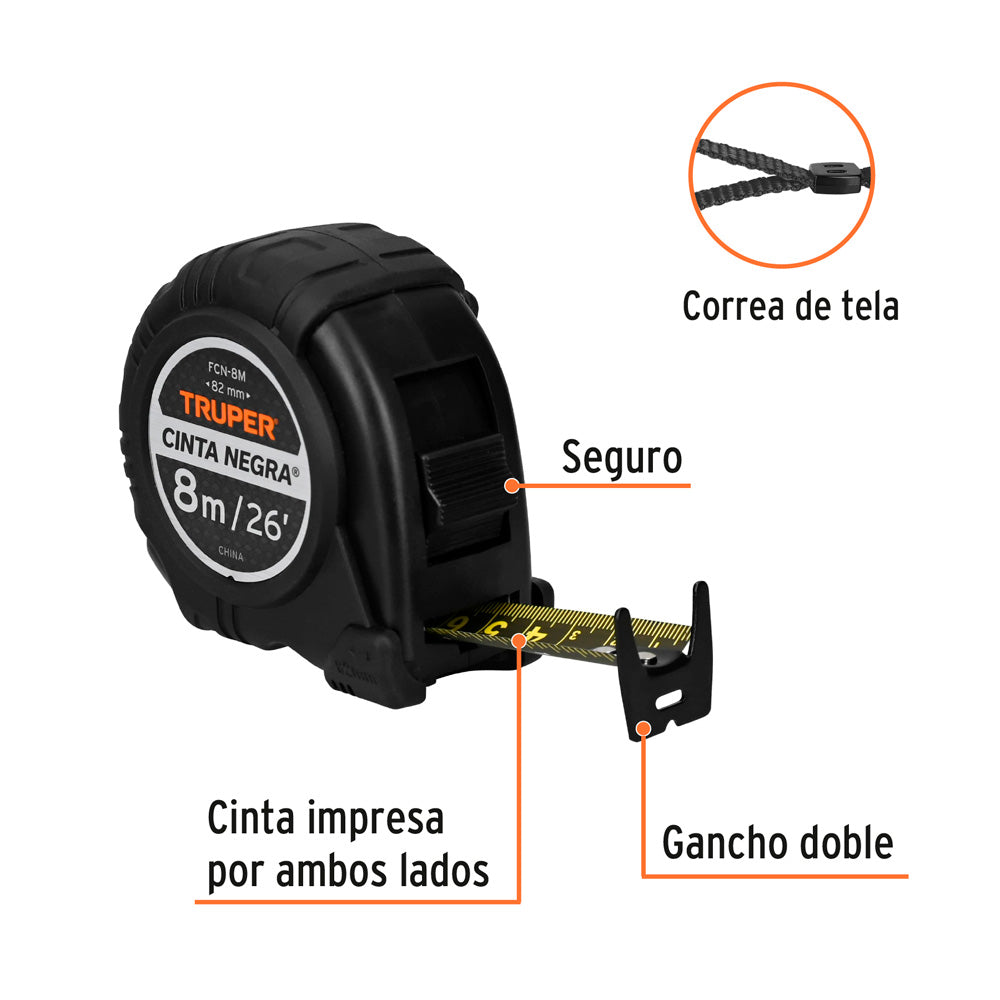 Flexómetro Truper Cinta Negra x-ancha 27 mm 8 m