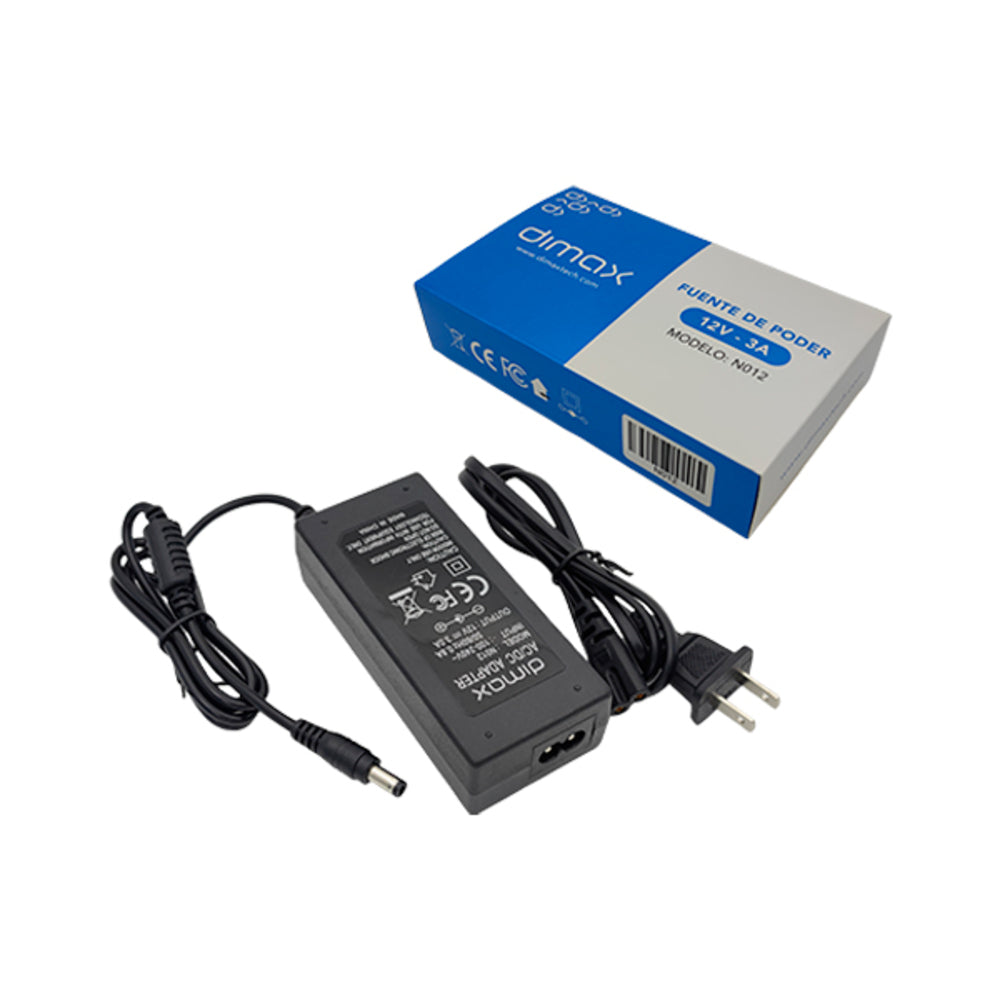 Fuente de Poder Dimax Salida 12Vdc 3Amp Soporta Camara Chapa y Control de Acceso N012