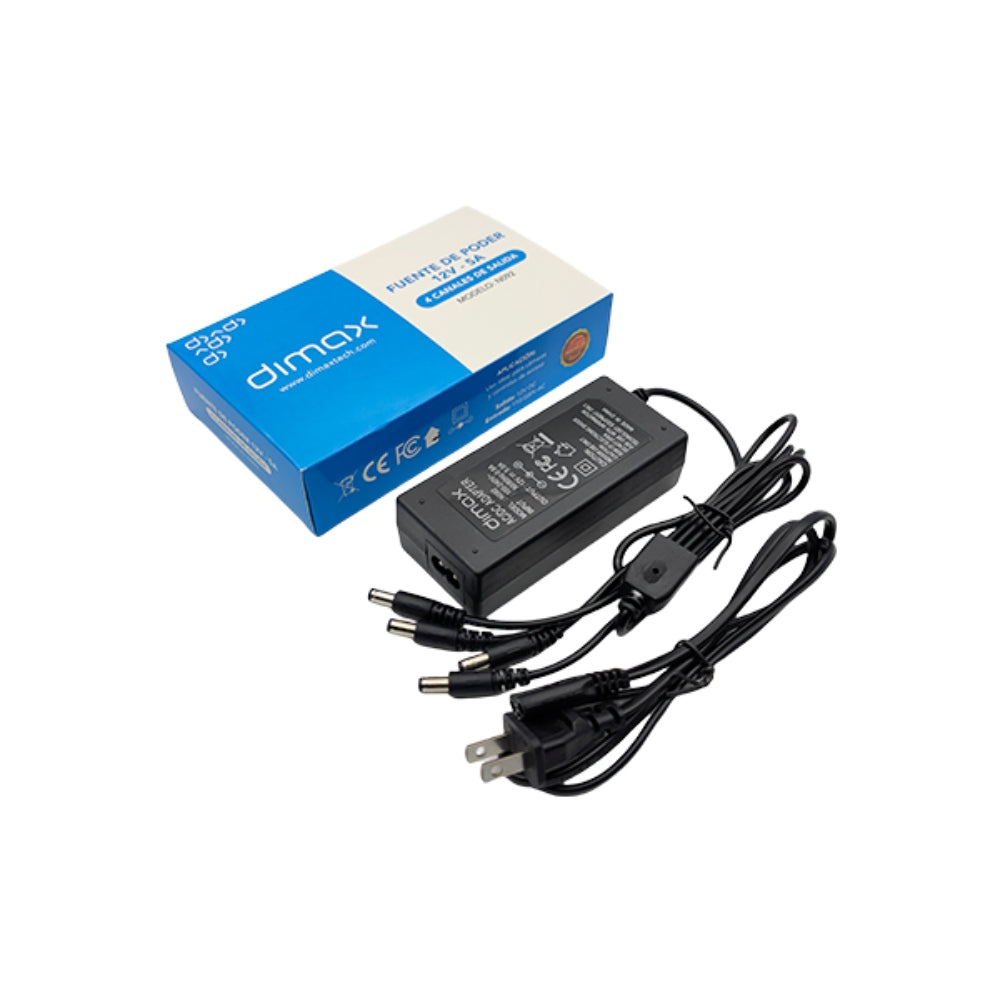 Fuente de Poder Dimax Salida 12Vdc 5Amp 4 Canales Soporta Camara Chapa y Control de Acceso N092