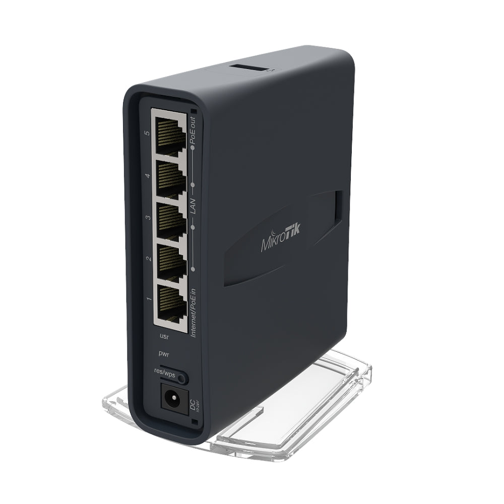 Home Access Point Mikrotik HAP Lite Torre Frecuencia 2.4 y 5.0GHz Norma 802.11A/B/G/N/AC + 5 Ethernet 100Mbps CPU 650MHz RAM 64MB +1xUSB Soporta 3G/4G Licencia Nivel 4 Fuente Incluida RB952Ui-5ac2nD-TC