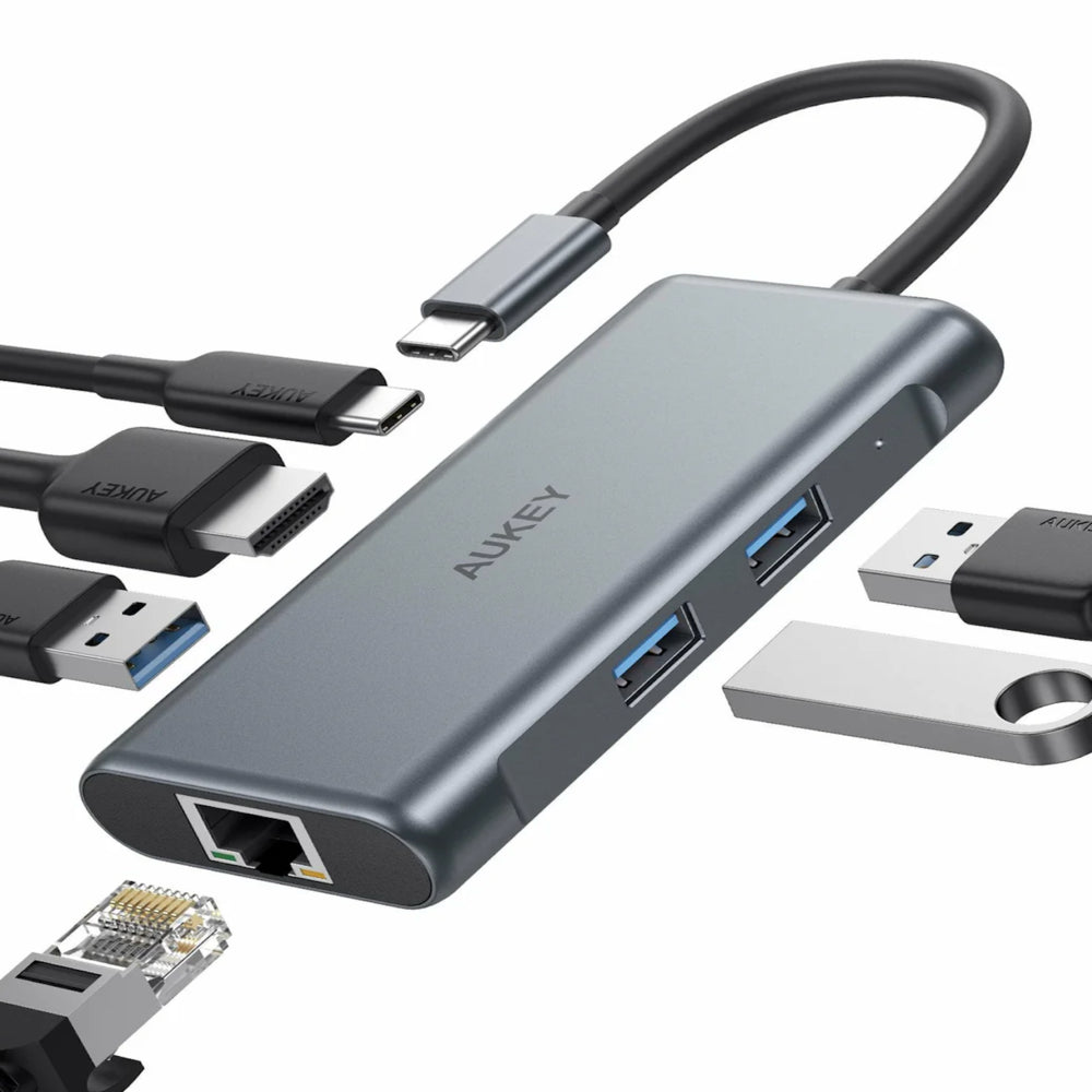 Hub UBS-C Aukey 6en1 100Watts HDMI 4K USB-A USB-C Ethernet CB-C75