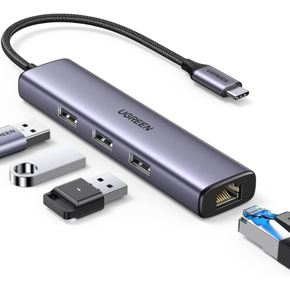 Hub USB-C a 3 Puertos USB-A 3.0 hasta 5Gbps 1 Puerto Ethernet Gigabit Diseño en Aluminio 60600
