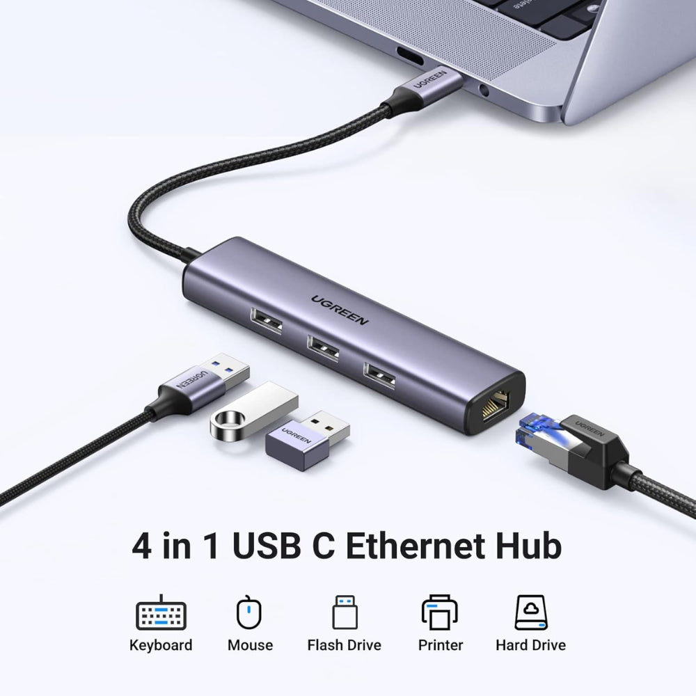 Hub USB-C a 3 Puertos USB-A 3.0 hasta 5Gbps 1 Puerto Ethernet Gigabit Diseño en Aluminio 60600
