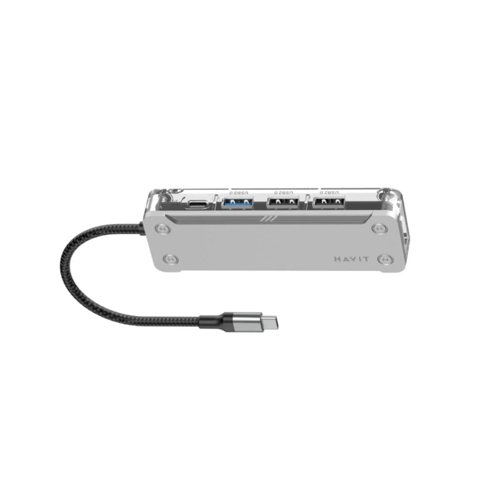 Hub usb-c Havit 5en1 2xUSB-A 3.0 1xUSB-C 3.1 1xHDMI 4K 1xLector SD/TF Carcasa de aluminio+ABS Transparente HB4020-SV