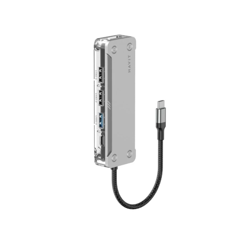 Hub usb-c Havit 5en1 2xUSB-A 3.0 1xUSB-C 3.1 1xHDMI 4K 1xLector SD/TF Carcasa de aluminio+ABS Transparente HB4020-SV