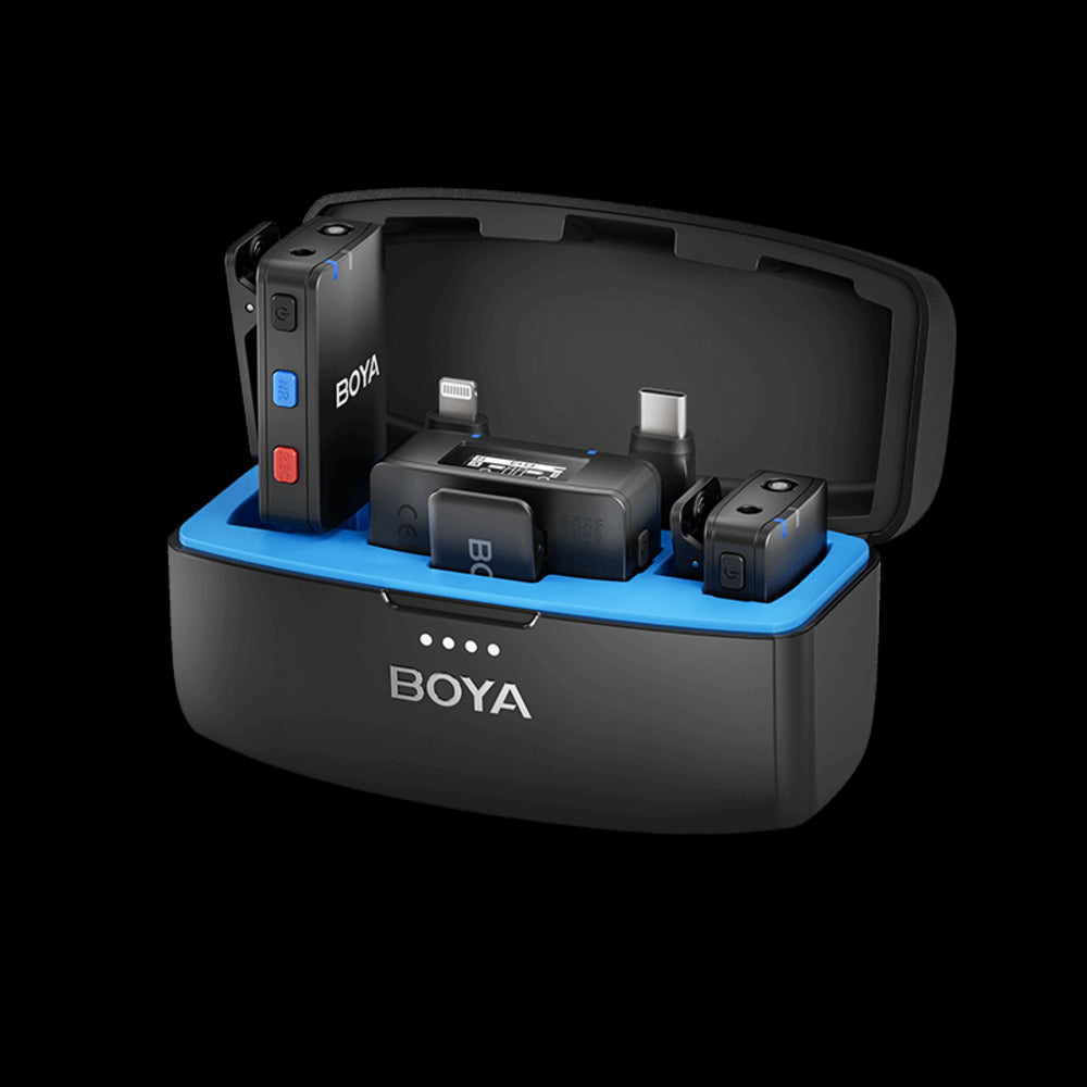 Microfono Inalambrico Boya Todo en Uno Boton Integrado Cancelacion de Ruido Alcance hasta 300m 8GB de Memoria Interna BOYAMIC