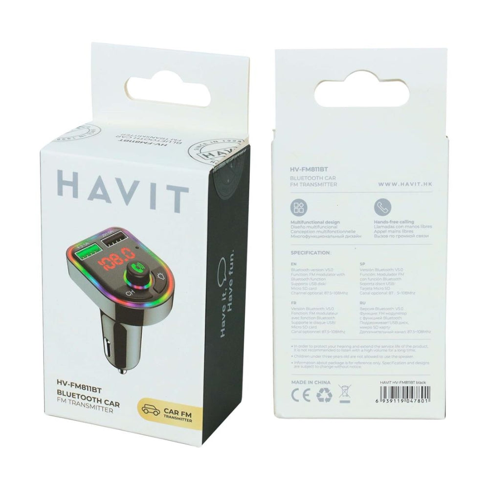 Modulador Havit Bluetooth v5.0+EDR MP3 Manos Libres Carga USB 3.1A Iluminacion RGB HV-FM811BT