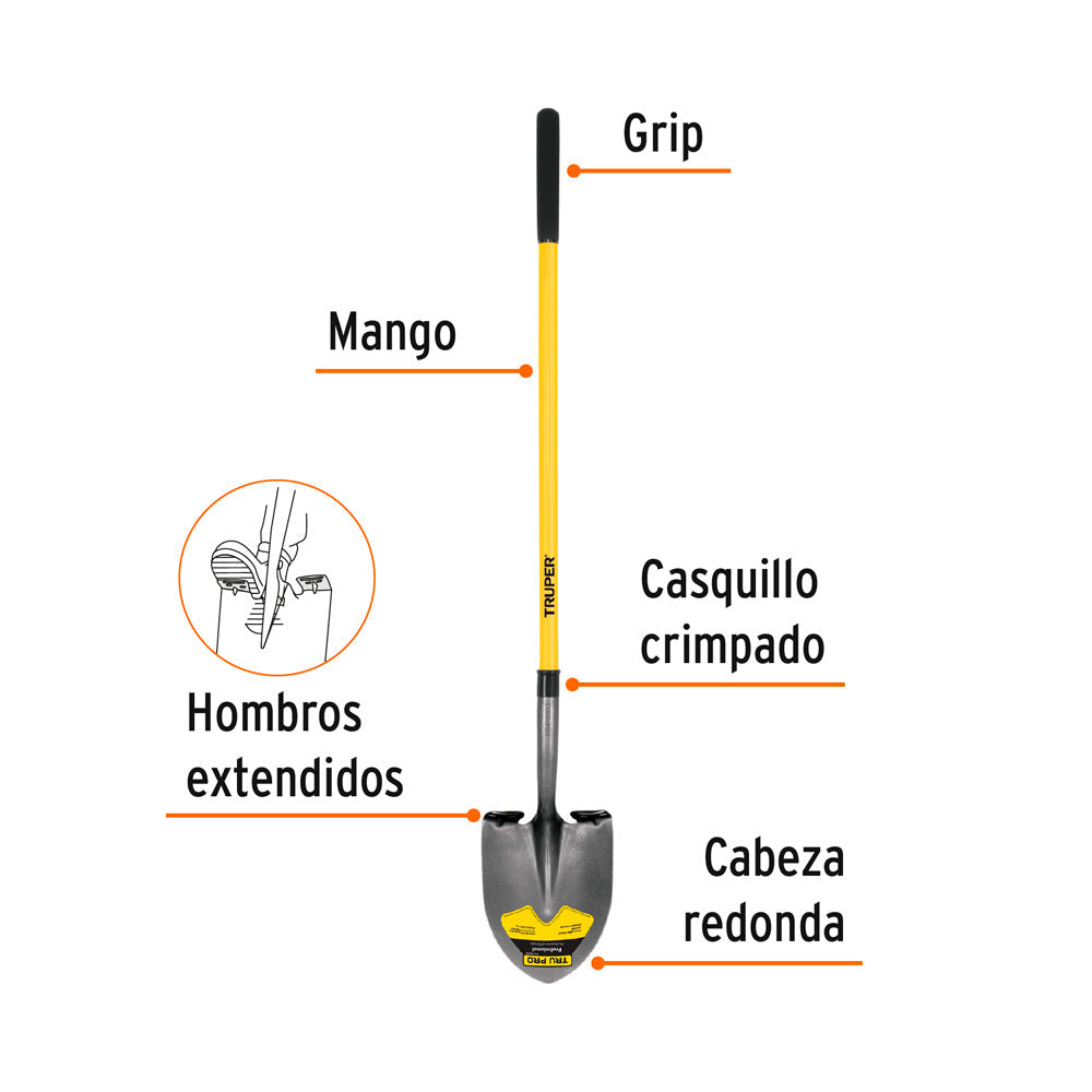 Pala Redonda Truper Glass Mango Largo de Fibra de Vidrio