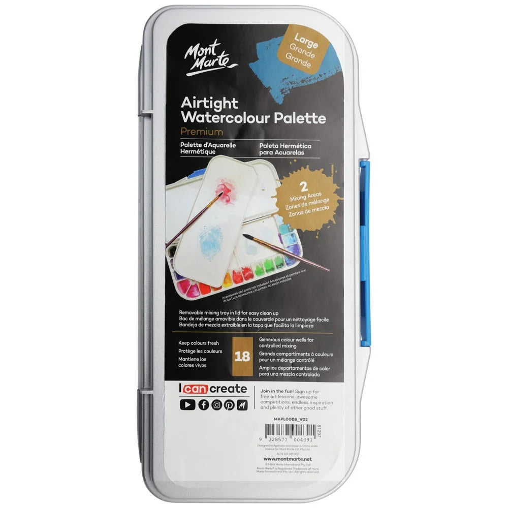 Paleta MontMartePremium Hermetica para Acuarela de 18 Espacioes con 2 Zonas de Mezcla MAPL0008
