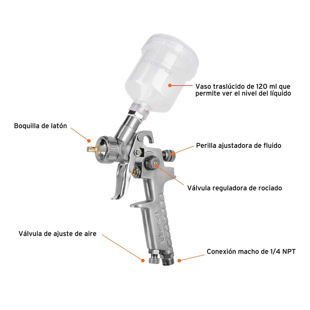 Pistola de Aluminio Truper de 1 mm con Vaso Plastico gravedad HVLP