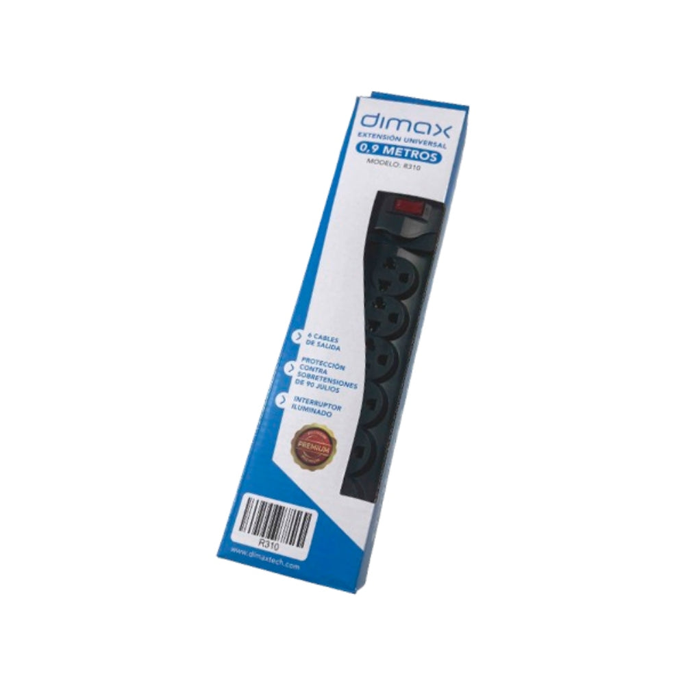 Regleta Dimax con 6 tomas tipo B con punto a Tierra Interruptor LED Largo del Cable 0.9M Proteccion Sobretension 90Jul color Negro R310