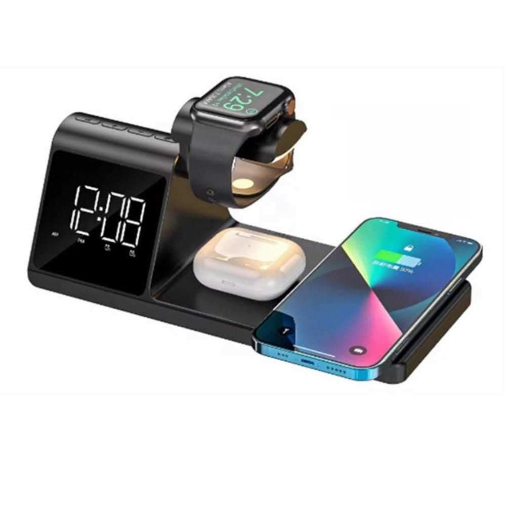Reloj Multifuncion Havit 4en1 Despertador Cargador Base Inalambrica para Celular 15W Reloj 2W Audifonos 3W color Negro W3042