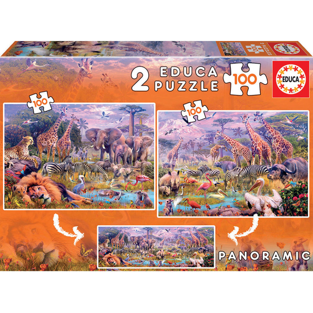 Rompecabezas Educa Animales Salvajes Panoramic 2 X 100 Piezas