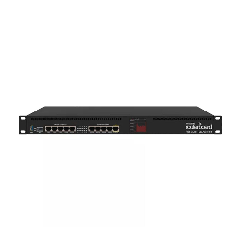 Router Board Mikortik 10 Puertos Gigabit + 1 Puerto SFP CPU 1.4GHz RAM 1GB Soporta PoE Almacenamiento o Modem 3G 4G Licencia Nivel 5 Rackeable RB3011UiAS-RM