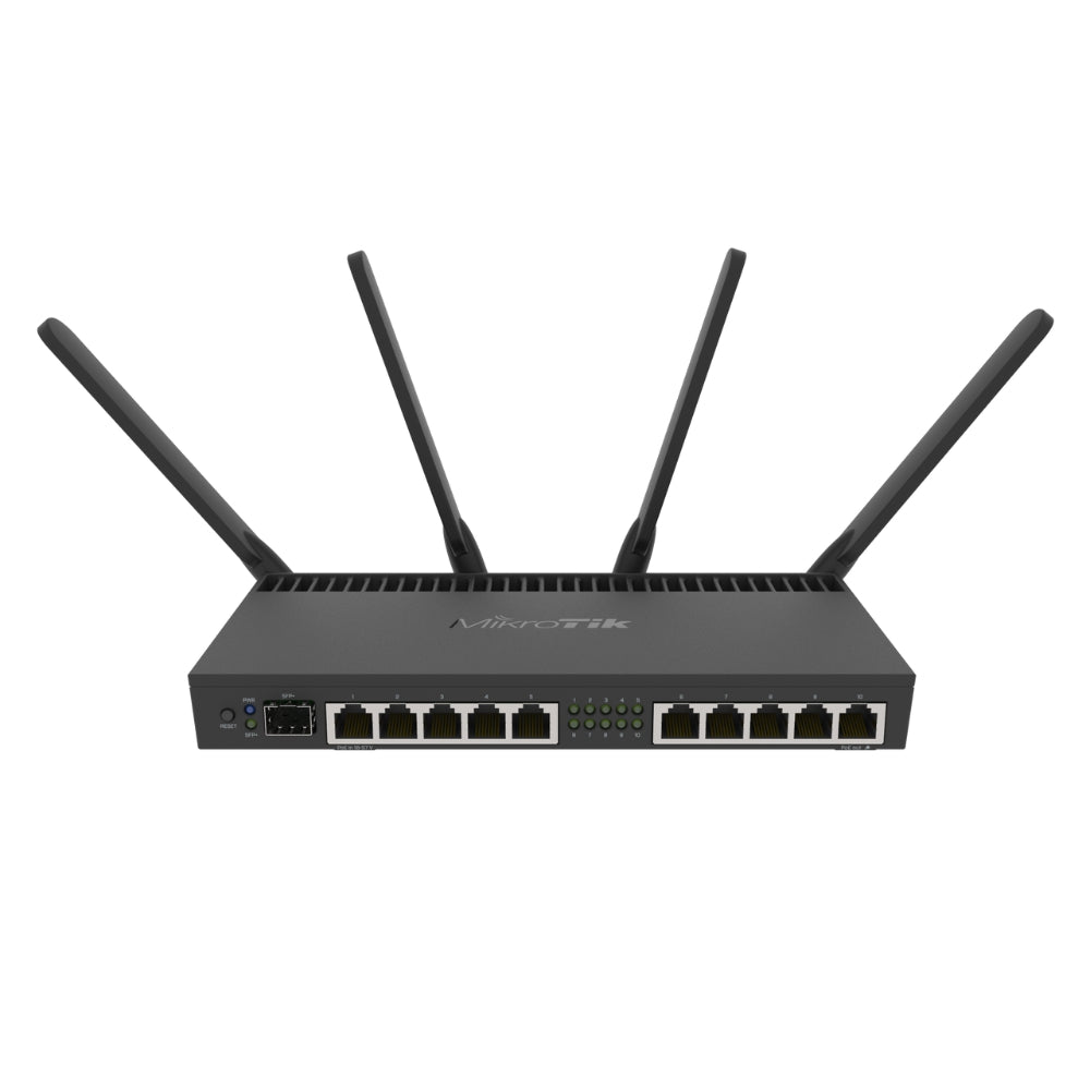 Router Board Mikrotik 10 Puertos Gigabit + 1 Puerto SFP WiFi Doble Banda CPU Cortex 15 4 Nucleos RAM 1GB Hardware IPSec 4 Antenas Externas RB4011iGS+5HacQ2HnD-IN