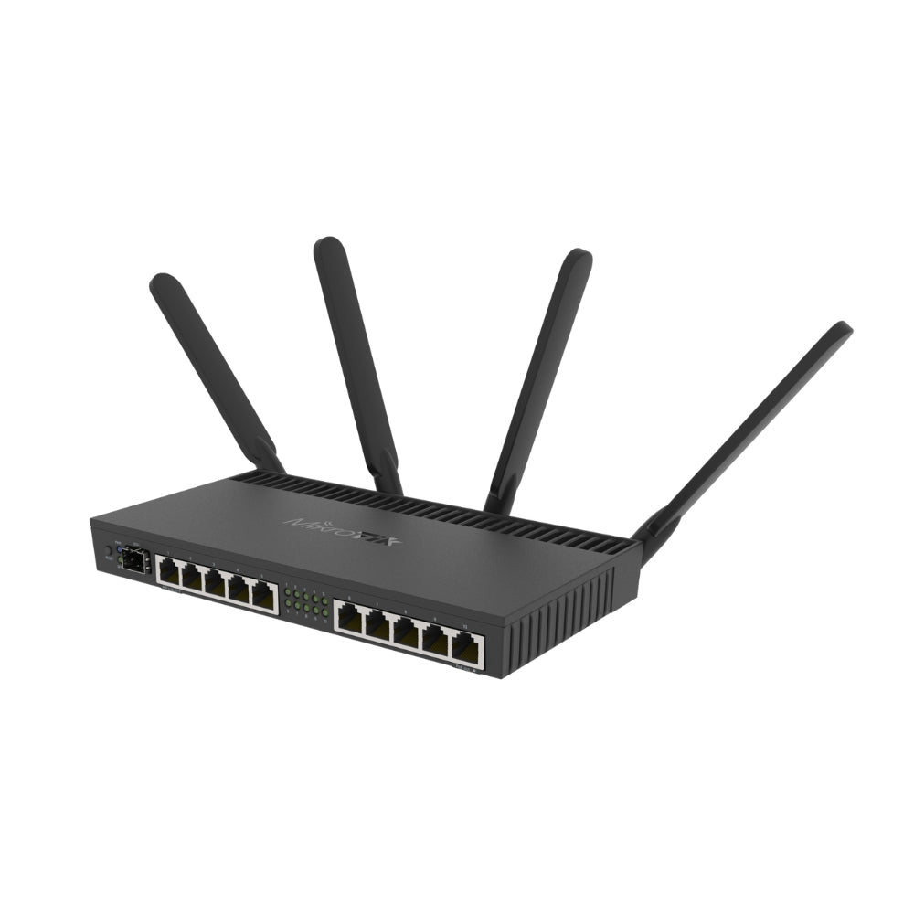 Router Board Mikrotik 10 Puertos Gigabit + 1 Puerto SFP WiFi Doble Banda CPU Cortex 15 4 Nucleos RAM 1GB Hardware IPSec 4 Antenas Externas RB4011iGS+5HacQ2HnD-IN
