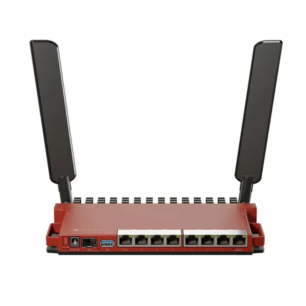 Router Board Mikrotik 8 Puertos Gigabit + 1 Puerto SFP 2.5G WiFi6 Soporte PoE In/Out CPU Dual Core 800MHz RAM 512MB 2 Antenas Externas Licencia Nivel 5 Rackeable L009UiGS-2HaxD-IN