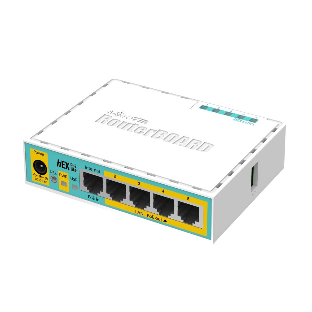 Router Board Mikrotik Hex PoE Lite 5 Puertos 100Mbps PoE Pasivo + 1xUSB-A 2.0 CPU 650MHz RAM 64MB Licencia Nivel 4 RB750UPr2