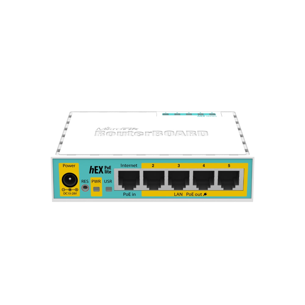 Router Board Mikrotik Hex PoE Lite 5 Puertos 100Mbps PoE Pasivo + 1xUSB-A 2.0 CPU 650MHz RAM 64MB Licencia Nivel 4 RB750UPr2
