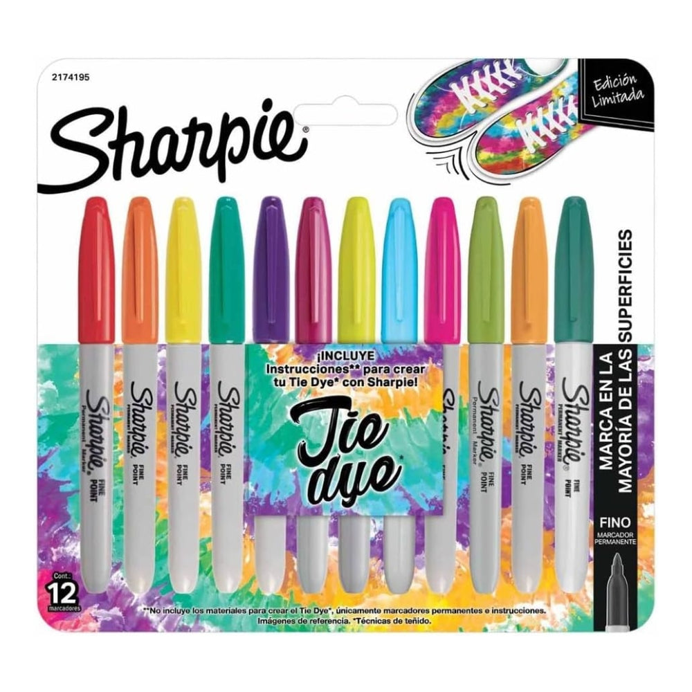 Set de 12 Marcadores Sharpie edicion Tie Dye Permanente para Mayoria de Superficies punta Fina varios colores 2174195