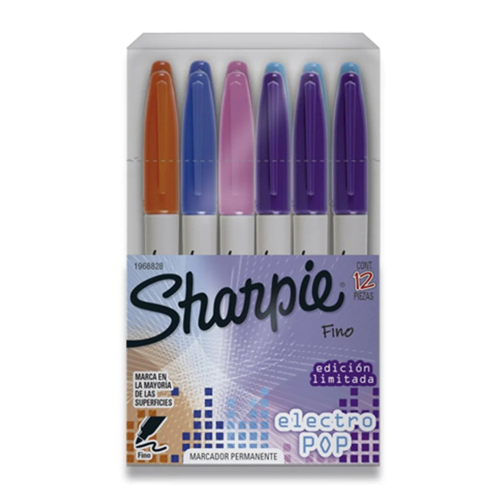 Set de 12 Marcadores Sharpie Permanente para Mayoria de Superficies Electro Pop punta Fina varios colores 1968828