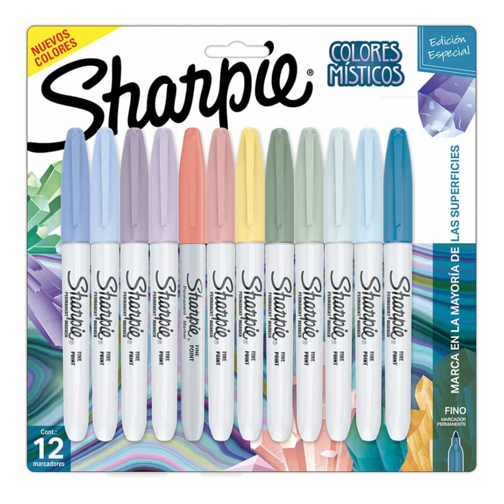 Set de 12 Marcadores Sharpie Permanente para Mayoria de Superficies punta Fina varios colores Misticos 2155618