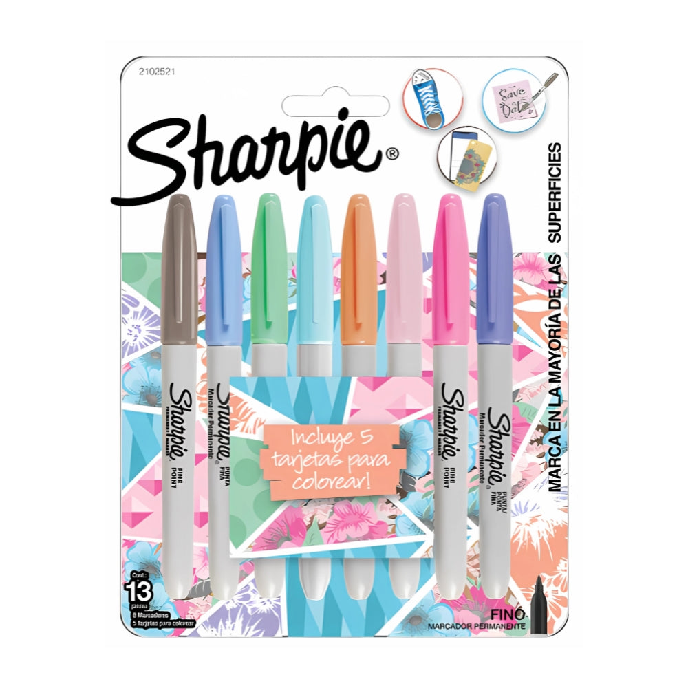 Set de 13 piezas Sharpie 8 Marcadores Permanente punta Fina varios colores y 5 Tarjetas para Colorear 2102521