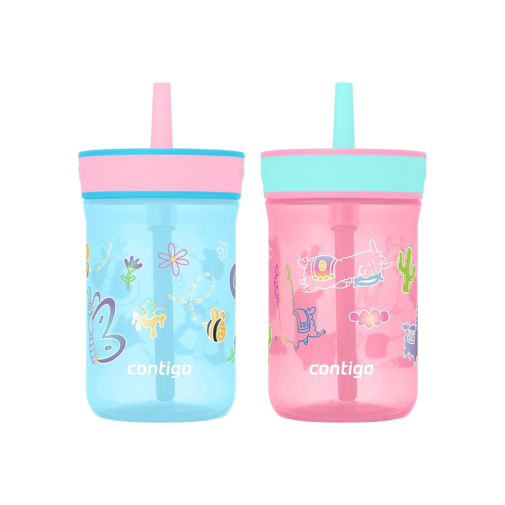 Set de 2 Vasos Contigo Kids Leighton de Plastico Libre de BPA con Bombilla de 14oz 414ml color Blue Raspberry/ Butterflies & Azalea/LLamas Theme 2188180