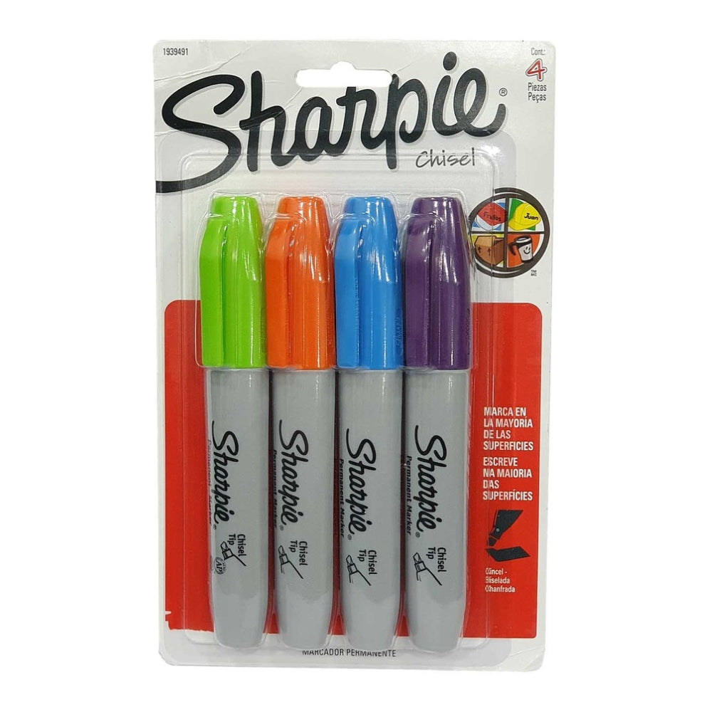 Set de 4 Marcadores Sharpie Permanente para Mayoria de Superficies punta Chisel varios colores 1939491