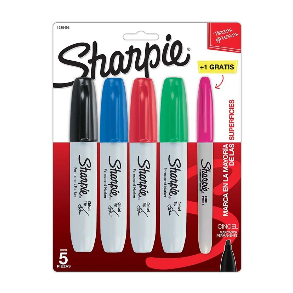Set de 4 Marcadores Sharpie Permanente para Mayoria de Superficies punta Chisel y 1 Marcador Permanente Punta Fina 1939493