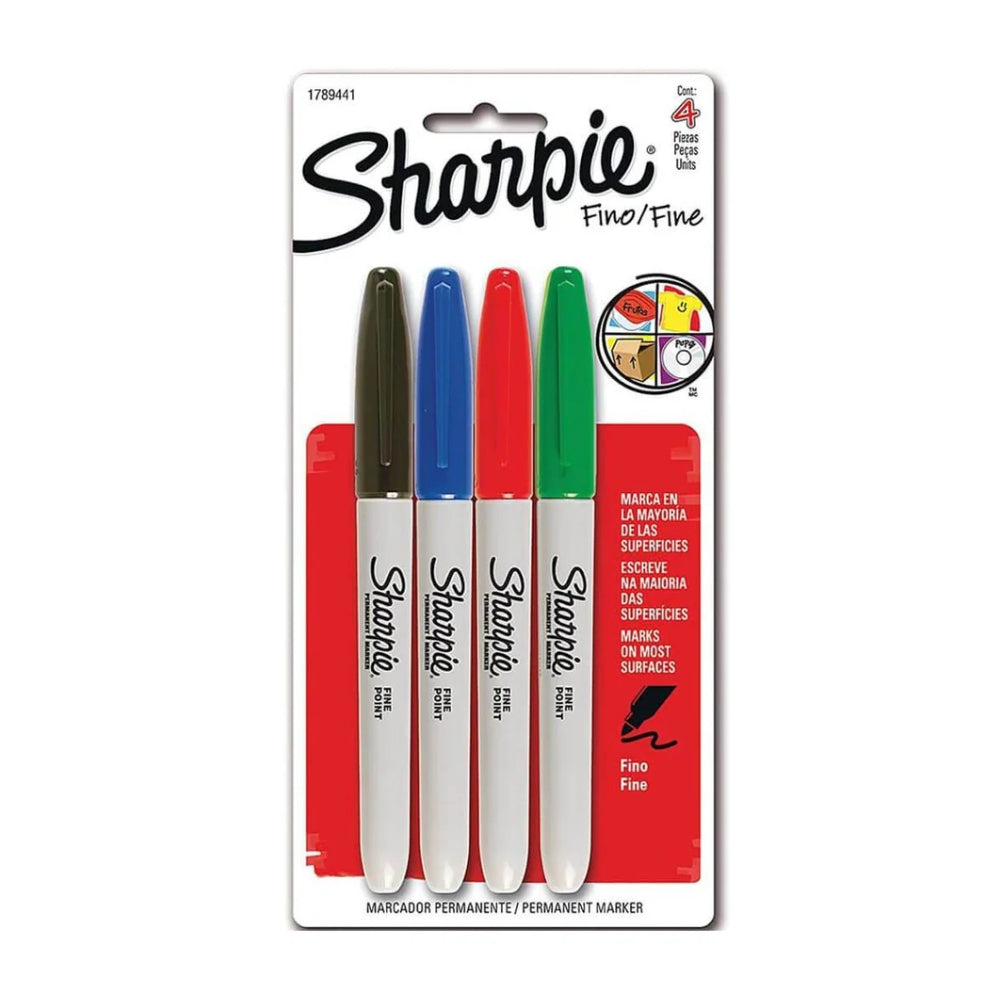 Set de 4 Marcadores Sharpie Permanente para Mayoria de Superficies punta Fina colores Basicos 1825090