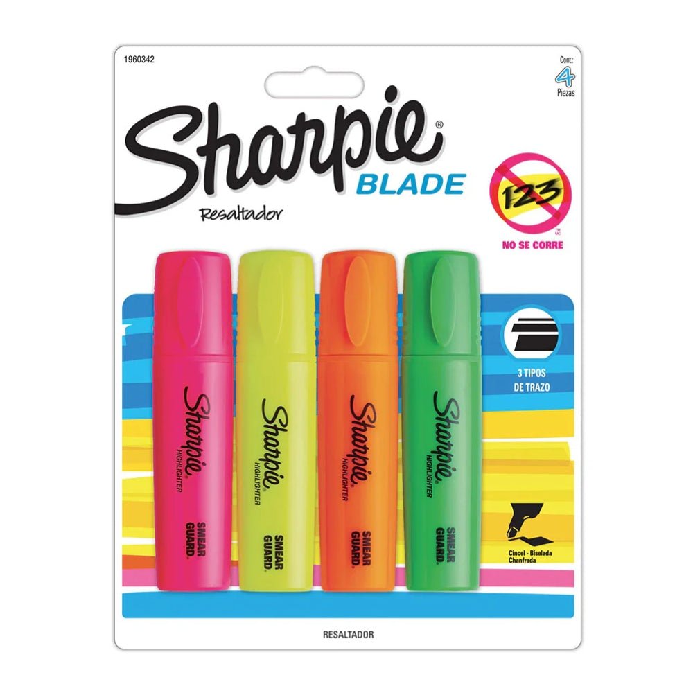 Set de 4 Resaltadores Sharpie punta Biselada para 3 Tipos de Trazo varios colores 1960342