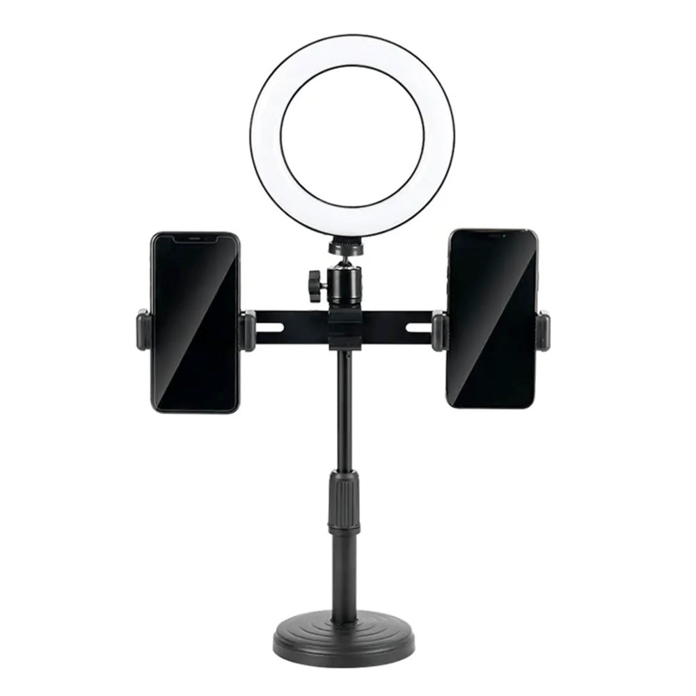 Soporte Havit con Aro de Luz para 2 Celulares al Mismo Tiempo de hasta 7" con 3 Tipos de Luz Altura 25 a 41cm color Negro ST7021