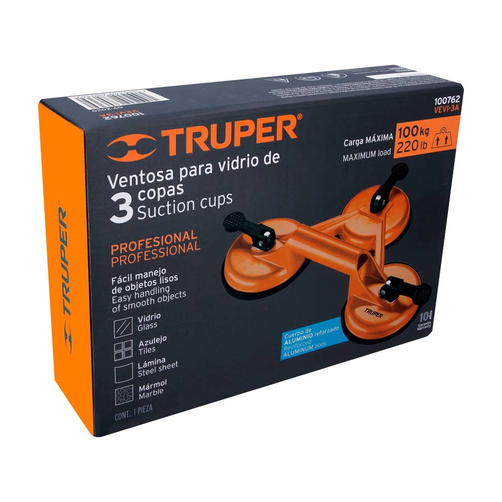 Ventosa de Aluminio Truper para Vidrio 3 Copas de Succión